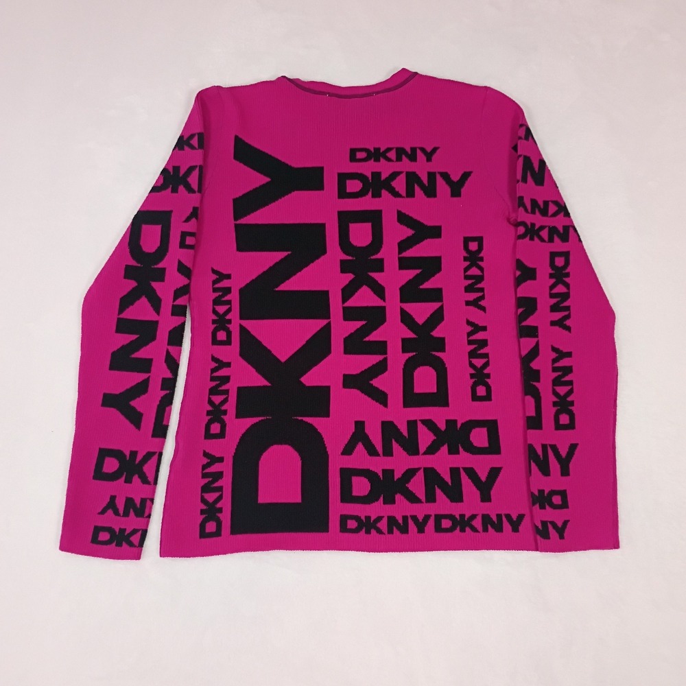 DKNY Womens Fuchsia Pink Black All Over Logo Ribbed Knit Sweater Large - Picture 3 of 8